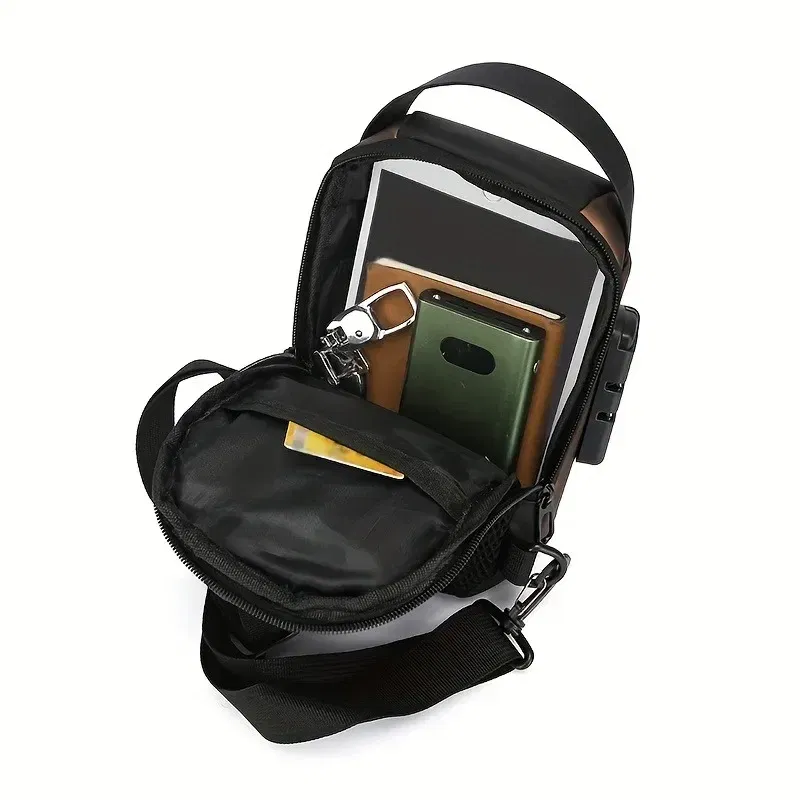 Color: Brown - Durable Oxford Fabric Men's Sling Bag - Stylish Motorcycle Crossbody Chest Pack with Phone Pocket, Zip Closure for Daily Commute