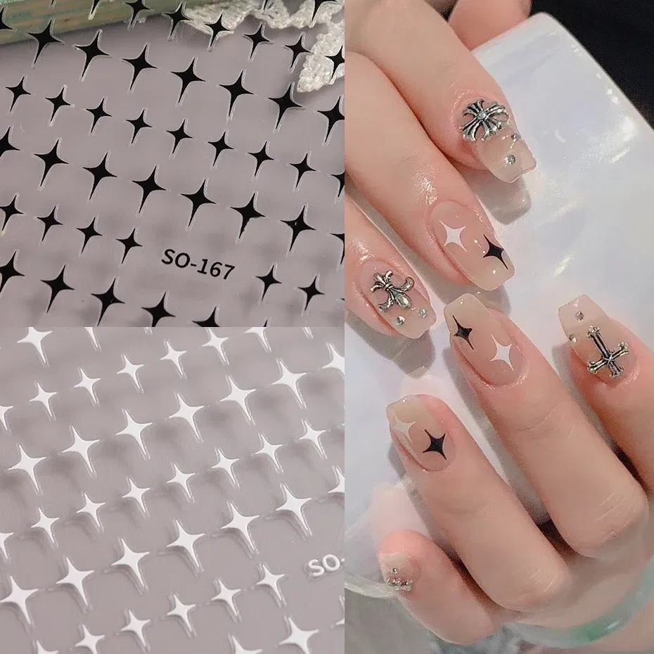 Color: Translucent - Sliver Stars Nails Stickers 3D Bronzing Laser White Cross Starlight Glossychic Y2k Stylish Adhesive Manicure Decorations SO-167