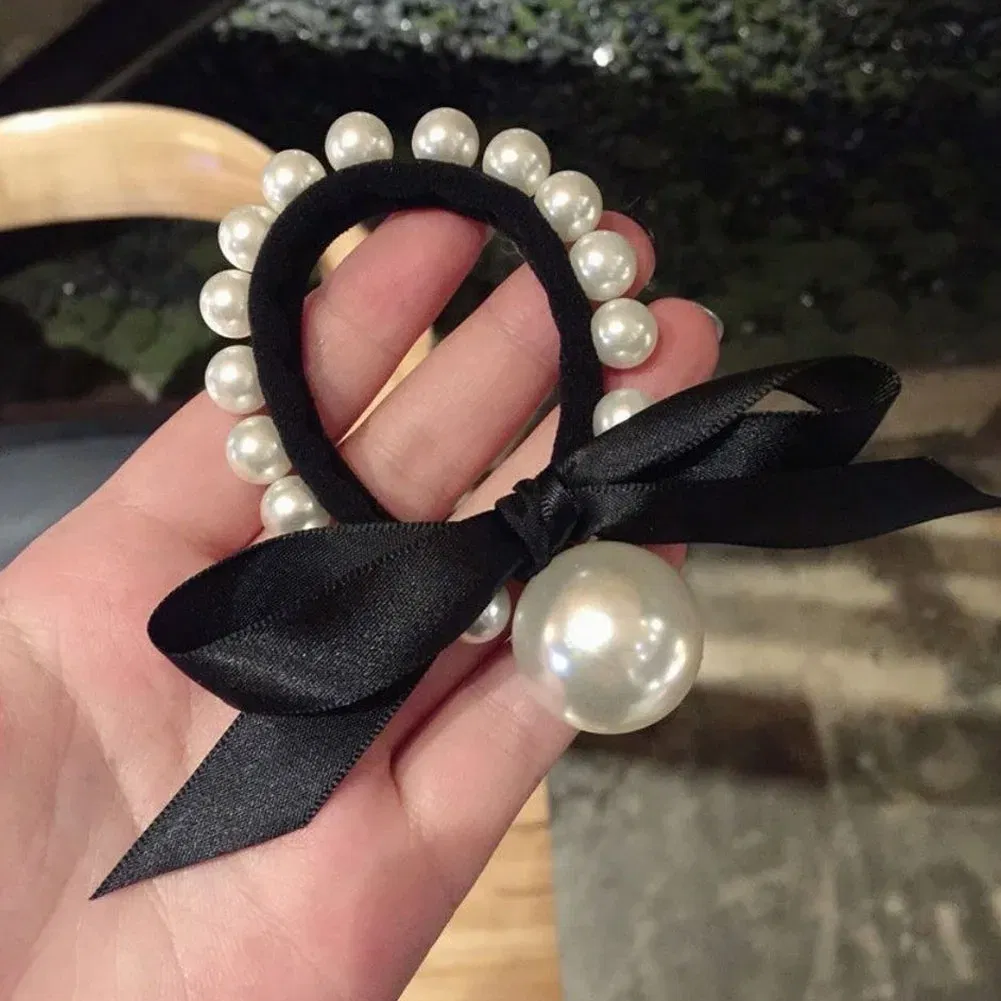 Color: Chocolate - 2022 Fashion Woman Big Pearl Hair Ties Korean Style Hairband Scrunchies Girls Ponytail Holders Rubber Band Hair Accessories