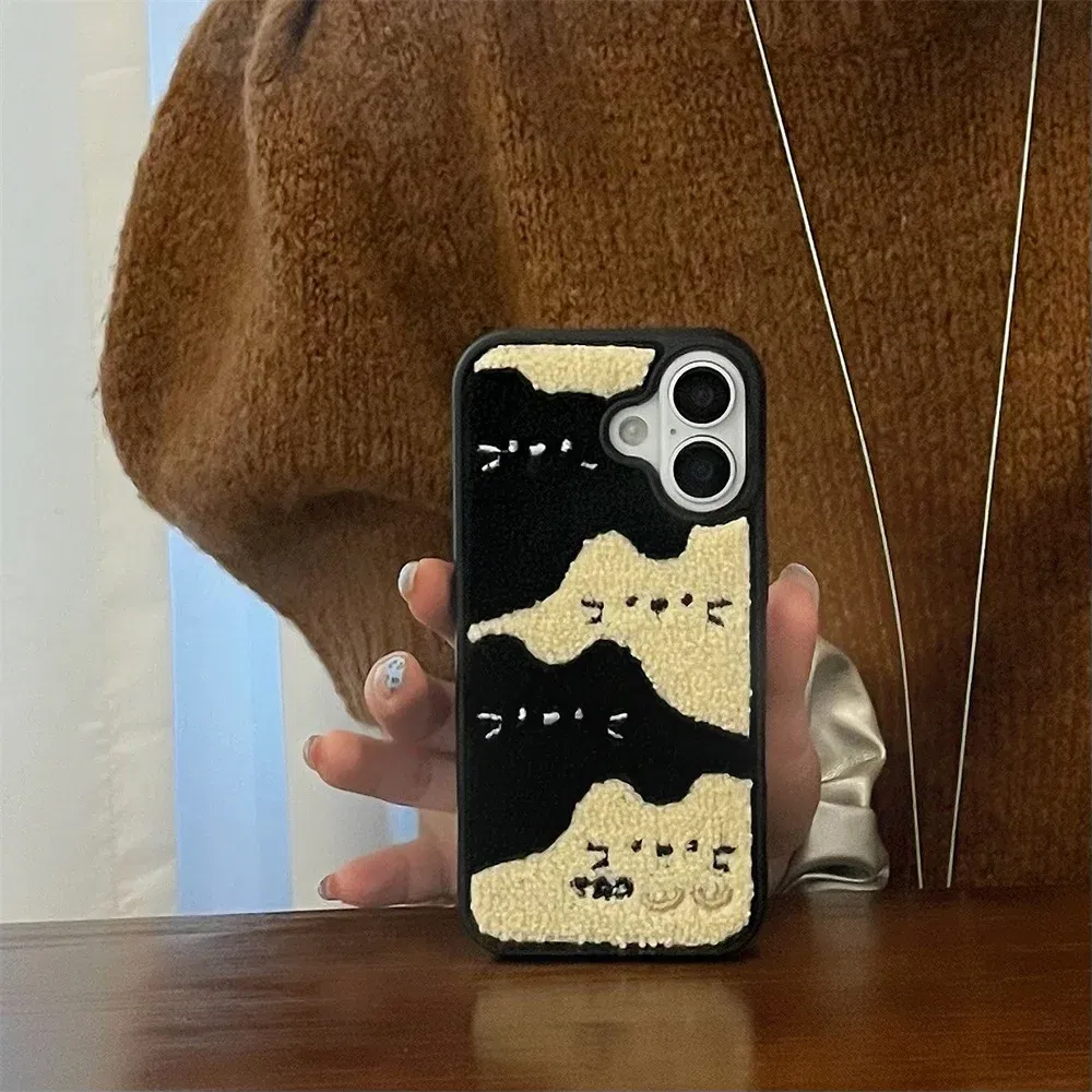 Color: Beige, Material: PC - Luxury Cartoon Embroidery Cute Dog Cats Colorful Dots Phone Case For iPhone 13 14 15 16 Pro Max Plush Winter Shockproof Cover
