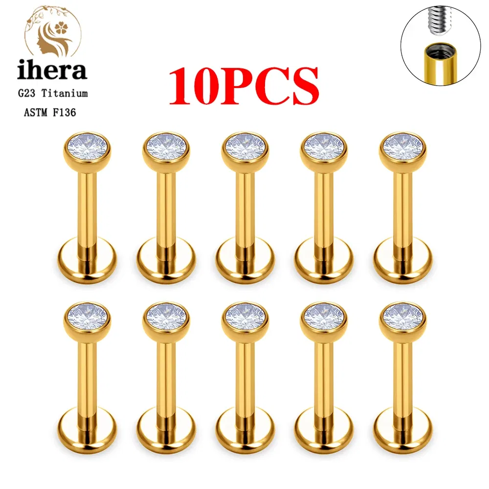 Metal color: SILVER PLATED, Ships From: CHINA, Main Stone Color: black - 10PCS G23 Titanium Labret Piercing Lip Ring 16G F136 Internal Thread Nose Stud Earring Tragus Helix Cartilage Piercing Jewelry