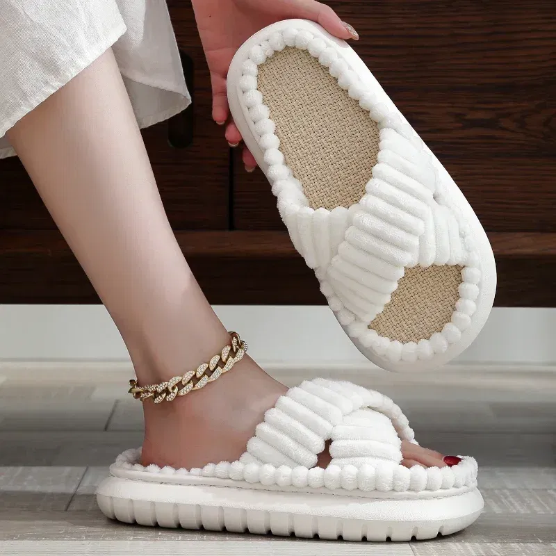 Color: Beige, Shoe Size: 4.5 - 2023 Autumn Winter New Women Home Slippers Open-Toe Cross Band Linen Soled Indoor Slides Linen Soled Non-Slip Bathroom Slippers