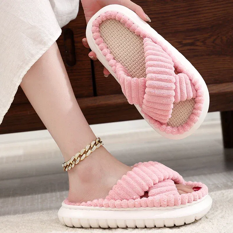 Color: Beige, Shoe Size: 4.5 - 2023 Autumn Winter New Women Home Slippers Open-Toe Cross Band Linen Soled Indoor Slides Linen Soled Non-Slip Bathroom Slippers