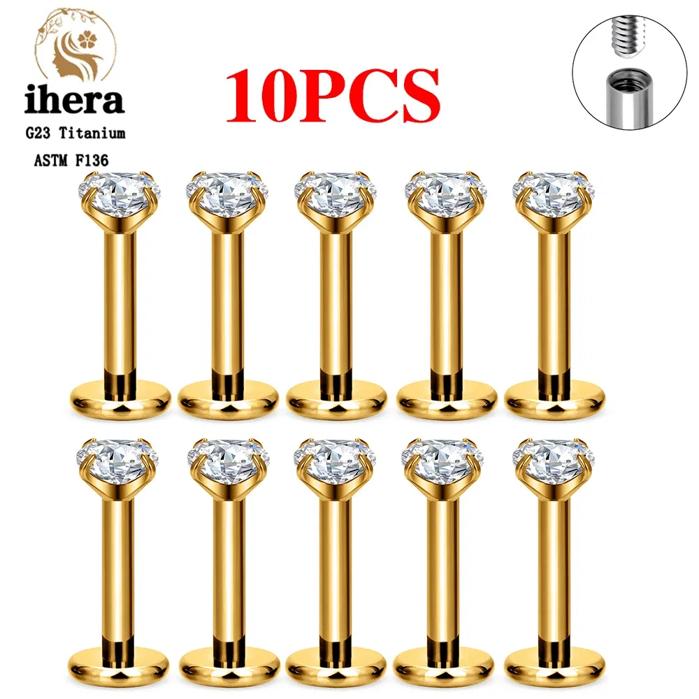 Metal color: Rhodium Plated, Ships From: CHINA, Main Stone Color: Yellow - 10PCS G23 Titanium Labret Piercing Lip Ring 16G F136 Internal Thread Nose Stud Earring Tragus Helix Cartilage Piercing Jewelry