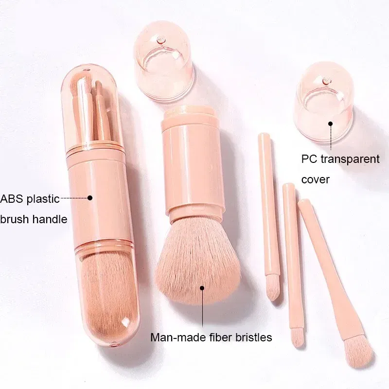 Handle Color: Pink - 4pcs/set 4 In 1 Telescopic Makeup Brush Portable Travel Makeup Brushes Set Eyeshadow Loose Powder Mini Makeup Brush Beauty Tools