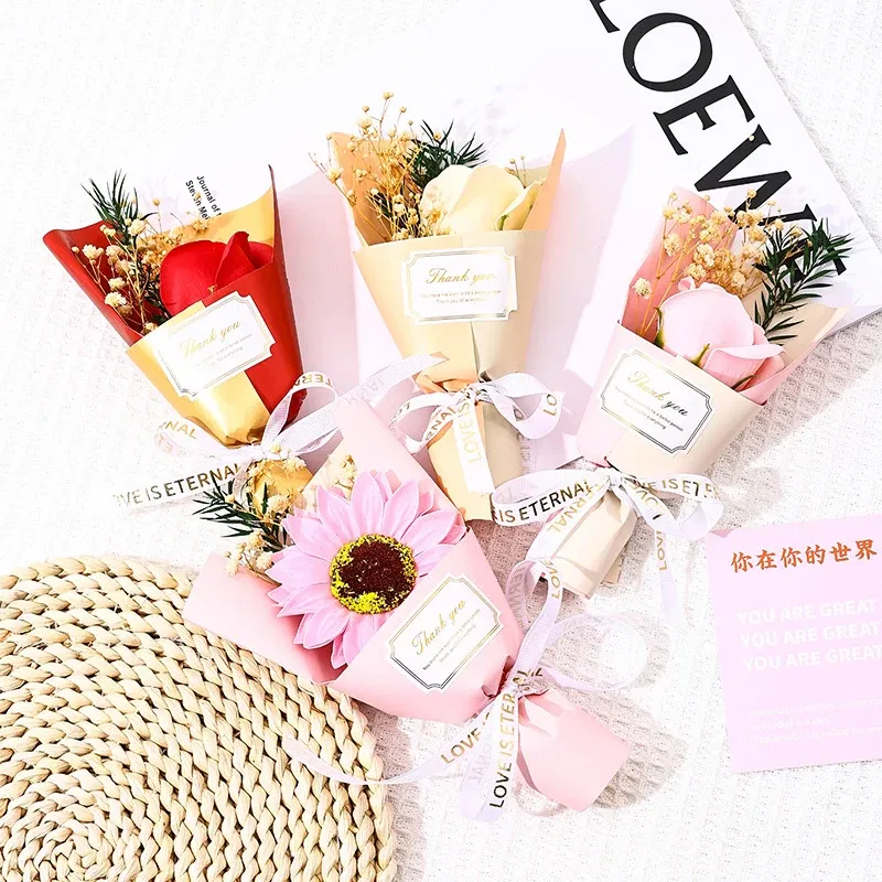 Color: Gold - Flower Bouquet Rose Sunflower Simulation Flower Creative Artificial Soap Flower Party Wedding Decoration Valentine's Day Gift