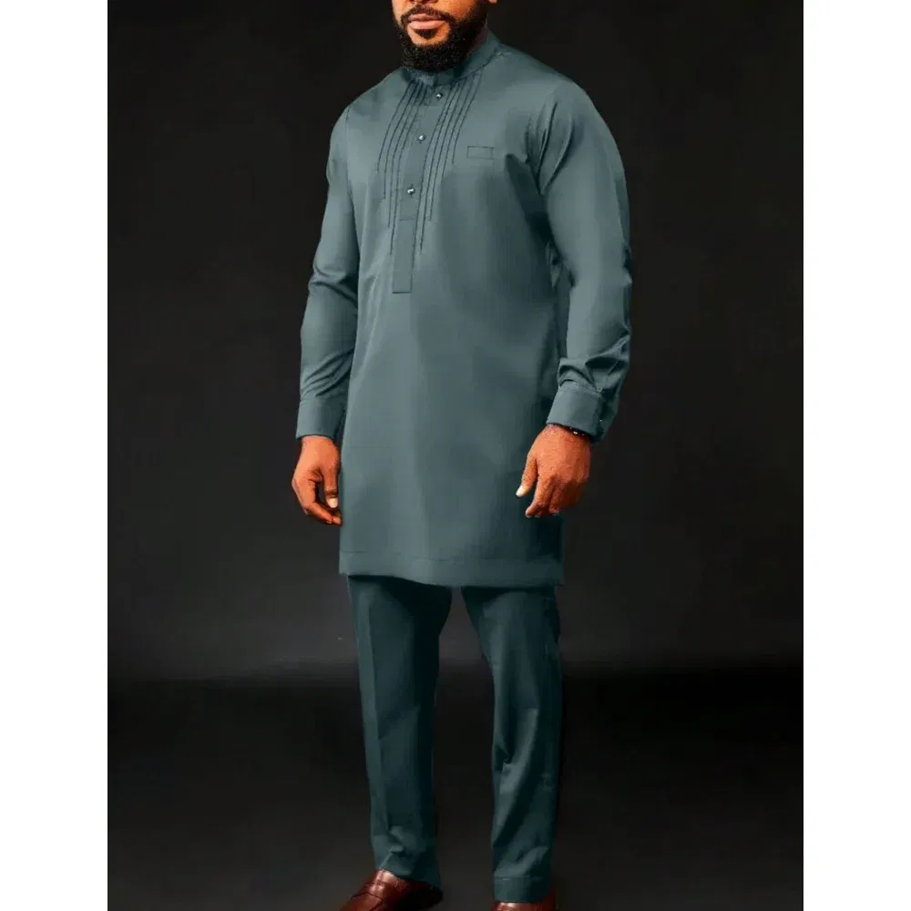 Color: Mint, Size: L - New Dashiki Men's Set Grey Round Neck Long Sleeve Luxury Brand Men's Suit Casual Slim Fit Men's Set Wedding Evening Suit