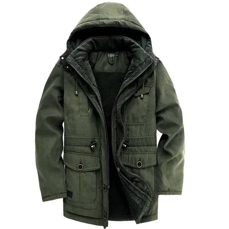Color: green, Size: 4XL - Winter Parka Military Outdoor Fleece Men Large SIZE Men Warm Jacket Men Cotton Windproof Casual Parka Stand Collar Lamb Cashmere