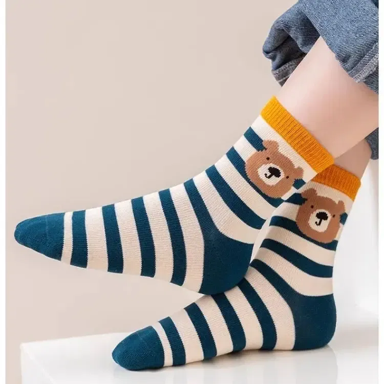 Color: Beige, Size: 2-3T - 5 Pairs Children's Socks Boys Autumn Cotton Socks Baby Child 1-14T Kids Mid-calf  Bear Sock