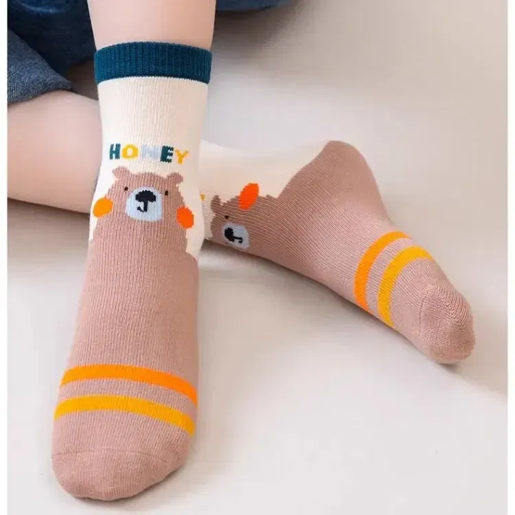 Color: Beige, Size: 2-3T - 5 Pairs Children's Socks Boys Autumn Cotton Socks Baby Child 1-14T Kids Mid-calf  Bear Sock