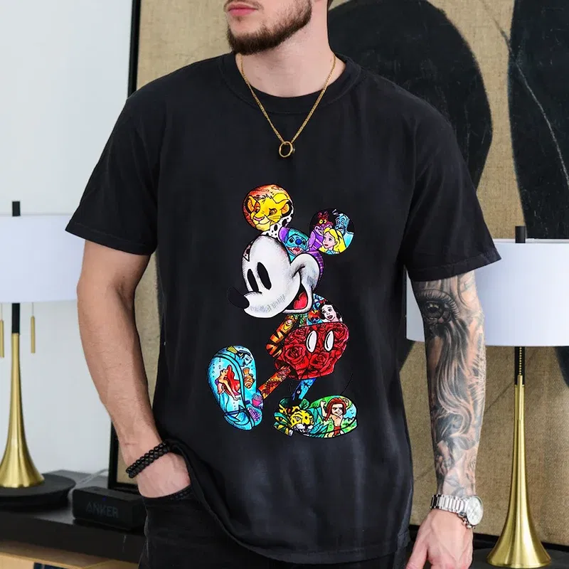 Color: Beige, Size: XXL - Disney Couples Mickey Mouse Minnie Print T-shirt Couples Men's and Women's Cotton Short Sleeve Casual Tops