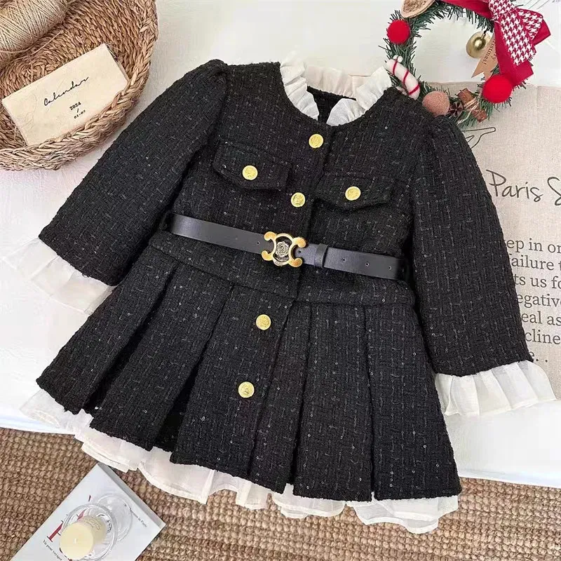 Color: Beige, Kid Size: 6T - 2025 Fall Winter Girls' Fleece-Lined Dress Plush Cotton Padded Party Dress Chic Tweed A-Line Outfit Warm Elegant Toddler Gown