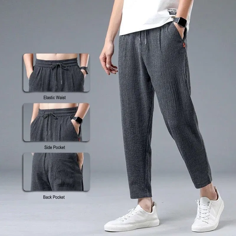 Color: GRAY, Size: XXXL - Summer Ice Silk Man Jogger Linen Pants Casual Wide Summer Sweatpants Male Spring Lightweight Halking Harem Trousers