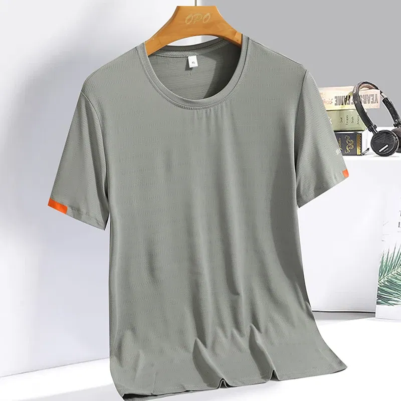 Color: Orange, Size: XXL - Men's Silk Ice Round Collar T-shirt, Simple Running Fitness Suit, Breathable Thin T-shirt, Quick Dry T-shirt, Summer