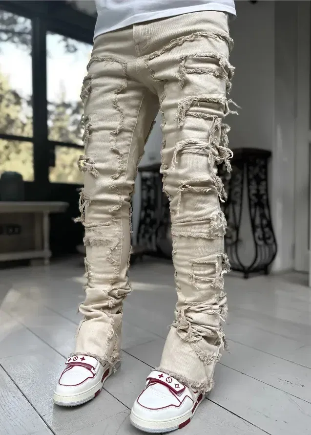 Color: Blue, Size: L - Men's Regular Fit Stacked Jeans Ripped Slim Fit Patch Distressed Destroyed Straight Denim Pants Hip Hop Streetwear Trouser Cloth