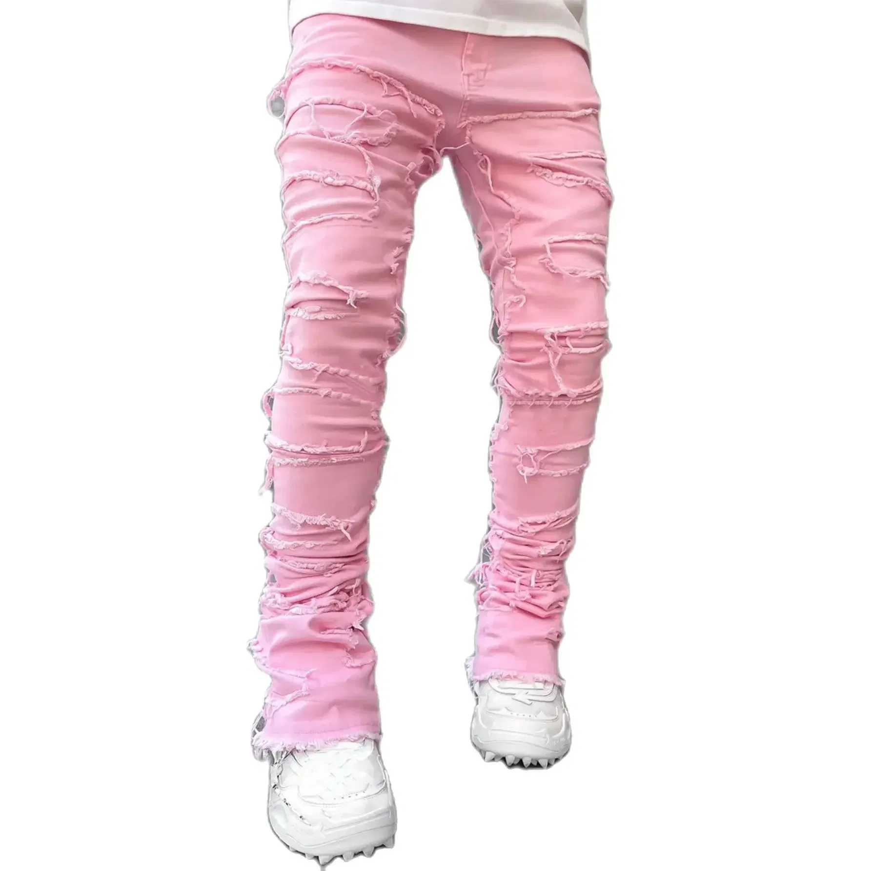 Color: Gold, Size: L - Men's Regular Fit Stacked Jeans Ripped Slim Fit Patch Distressed Destroyed Straight Denim Pants Hip Hop Streetwear Trouser Cloth