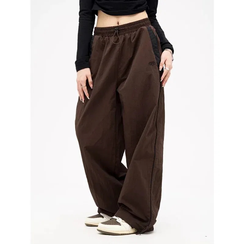 Color: black, Size: M - Women Spring Retro Solid Loose Drawstring Trousers Casual Joggers Baggy Wide Leg Sweatpants Mid Waist Sporty Y2k Female Clothes