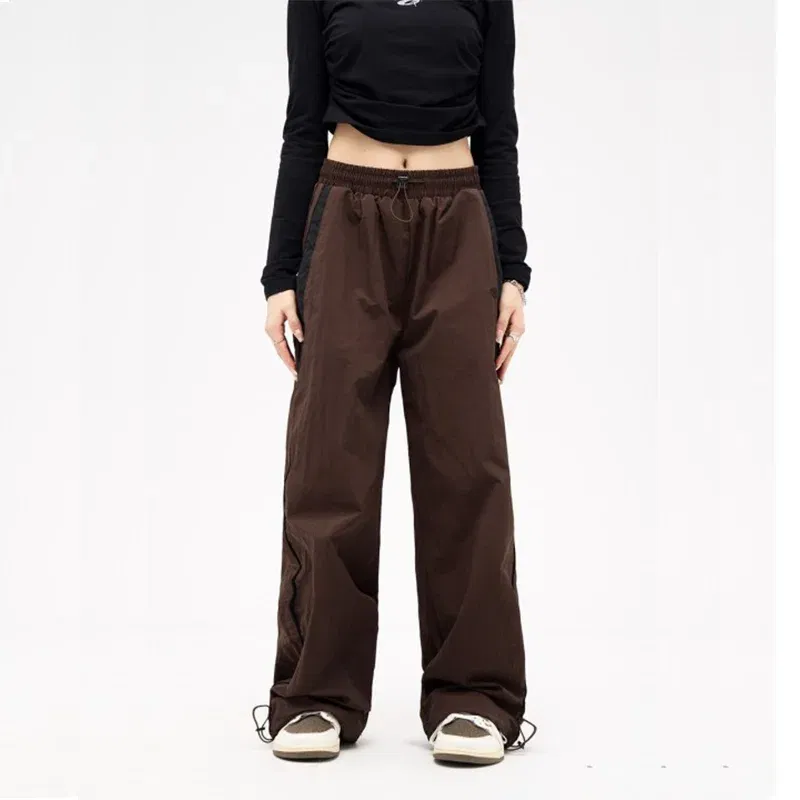 Color: black, Size: M - Women Spring Retro Solid Loose Drawstring Trousers Casual Joggers Baggy Wide Leg Sweatpants Mid Waist Sporty Y2k Female Clothes