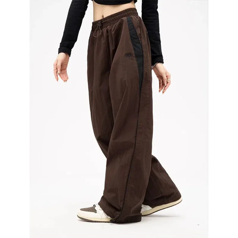 Color: black, Size: M - Women Spring Retro Solid Loose Drawstring Trousers Casual Joggers Baggy Wide Leg Sweatpants Mid Waist Sporty Y2k Female Clothes