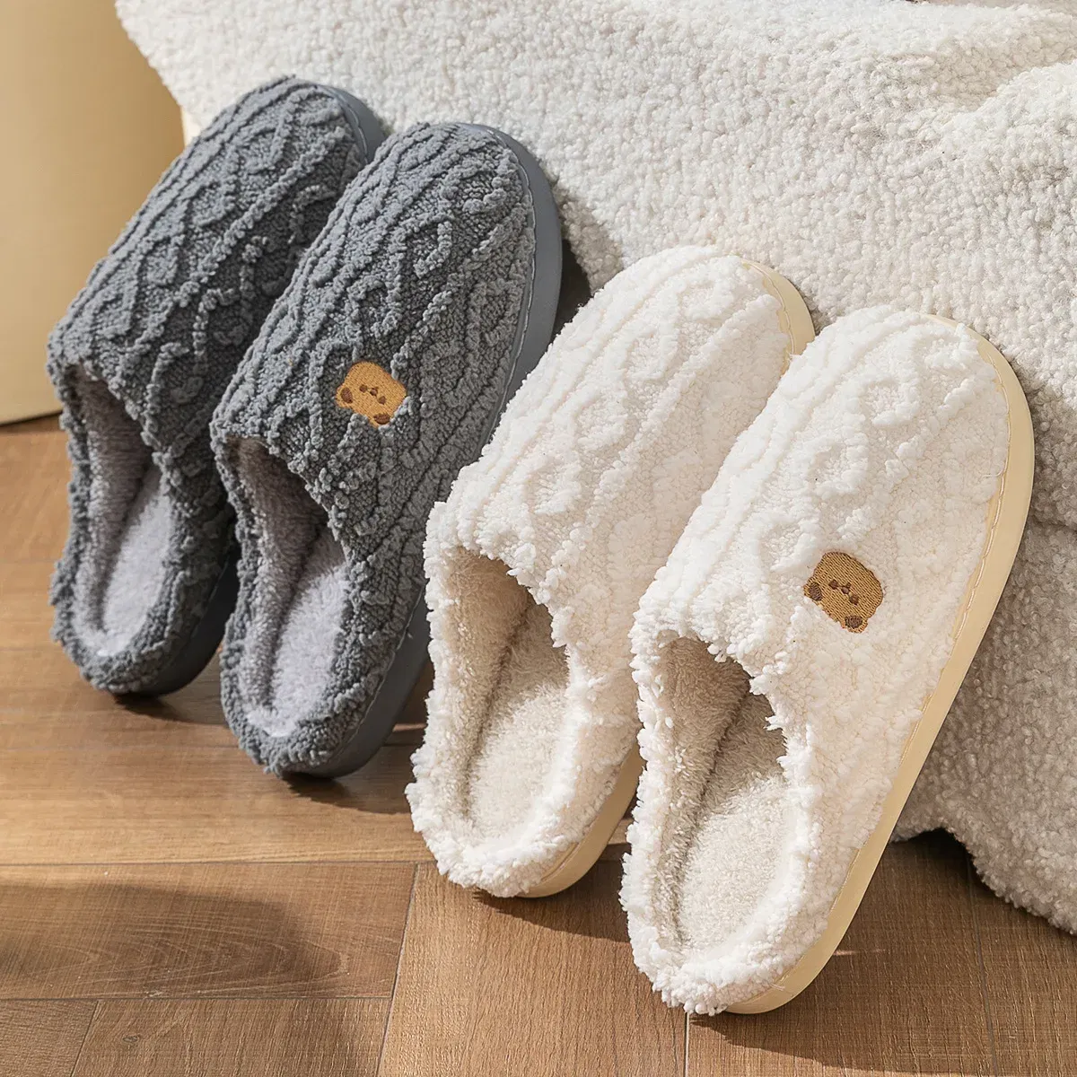Color: Straw, Shoe Size: 40-41, Ships From: CHINA - Asgard Women Winter Fur Slippers Indoor Fluffy Couple Bedroom Flat Slides Cute Bear Women Fuzzy House Slippers Warm Cotton Shoes