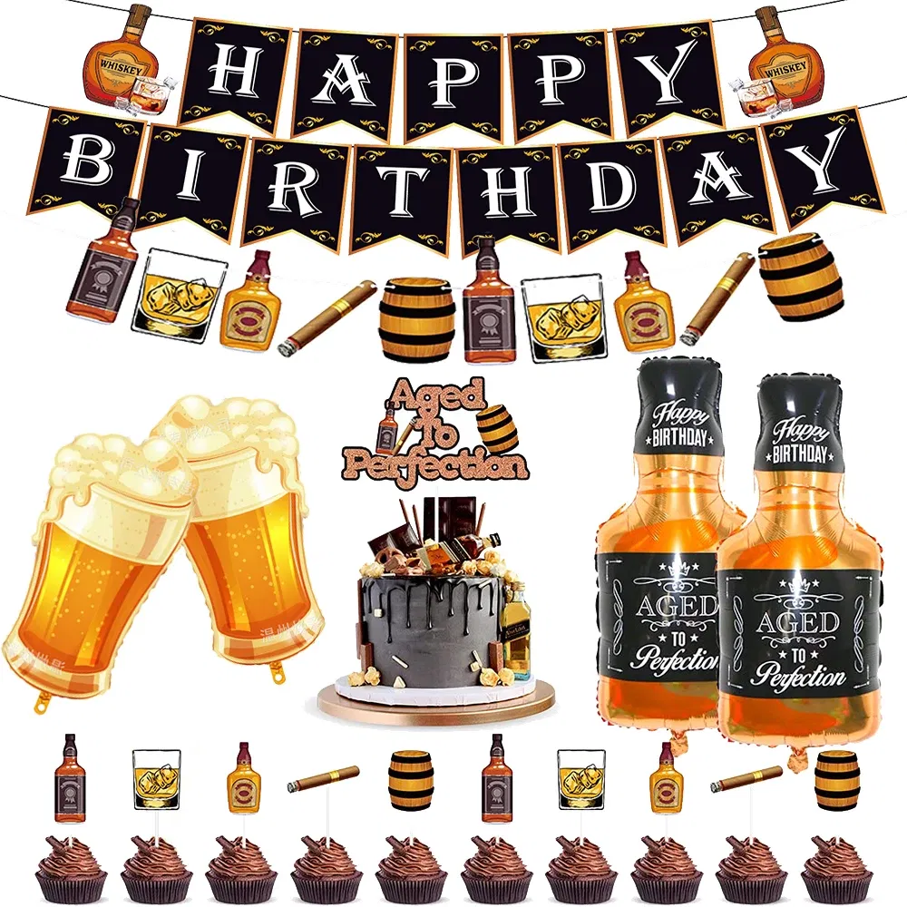Color: Dark Khaki - Whiskey Party Decorations Aged to Perfection Birthday Party Supplies Whiskey Birthday Banner Garland Whiskey Cake Topper