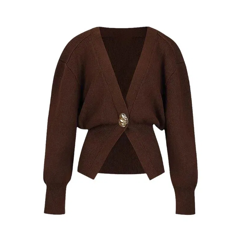 Color: Burgundy, Size: L - Women's Knitted Sweater with Elegant Temperament, Solid Color, Long Sleeved Buttons, Knitted Open