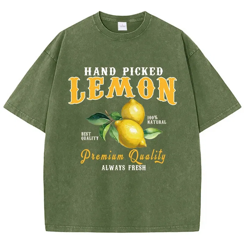 Color: army green, Size: XXL - Summer Lemon Washed T-Shirts Womens Cotton Oversized O-Neck T Shirts Fresh Fruit Prints Tops Casual Short Sleeve Woman Clothes