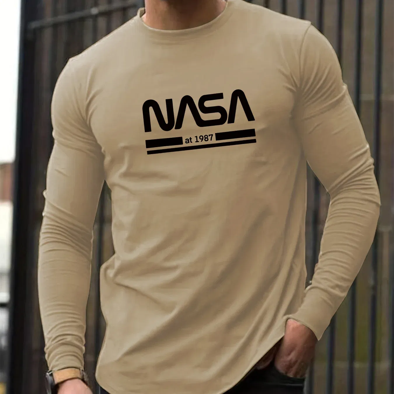 Color: Khaki, Size: M - Men's Spring and Autumn 100% Cotton Loose Comfortable Casual NASA Letter Printed Round Neck Long Sleeve T-shirt