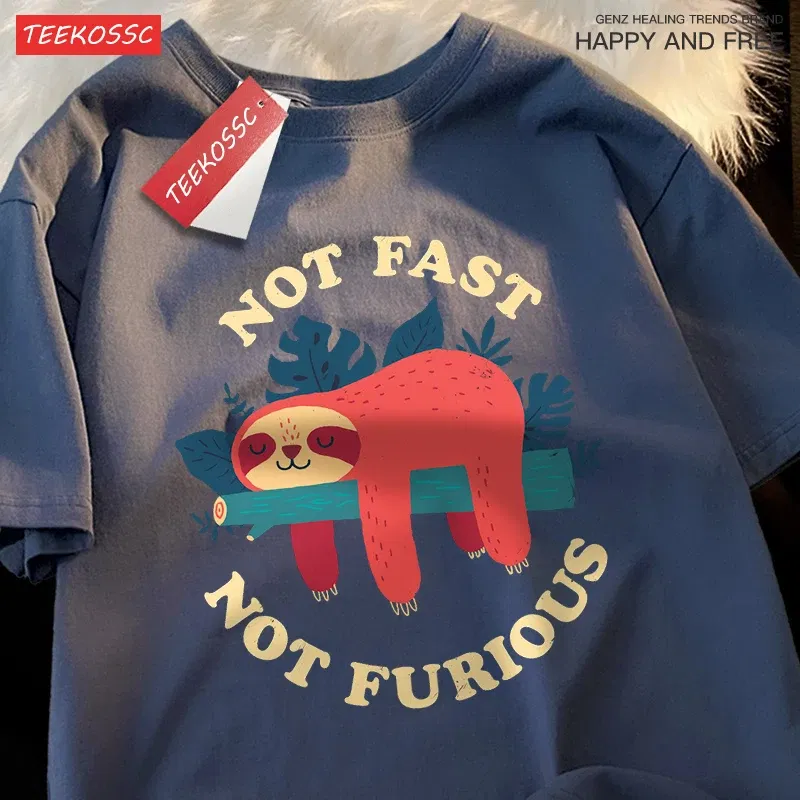 Color: WHITE, Size: M - Not Fast Not Furious Cute Sloth Male T Shirts Hip Hop Crewneck Short Sleeve Summer Cotton Tops Casual Sweat Oversized T-Shirts