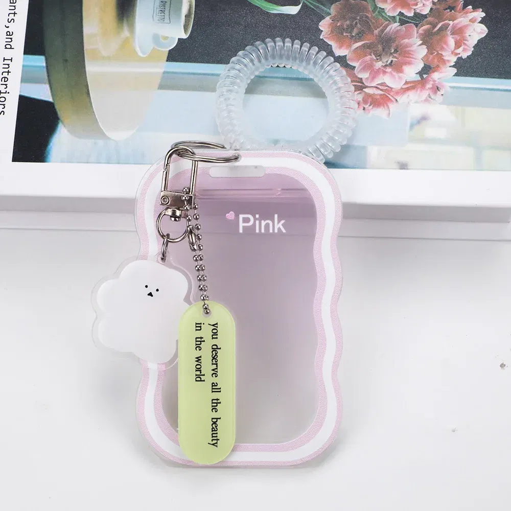 Color: Pink - INS Transparent Photocard Holder with Spring Keychain Idol Photo Protective Case 3 Inch Photo Card Holder Student ID Card Cover