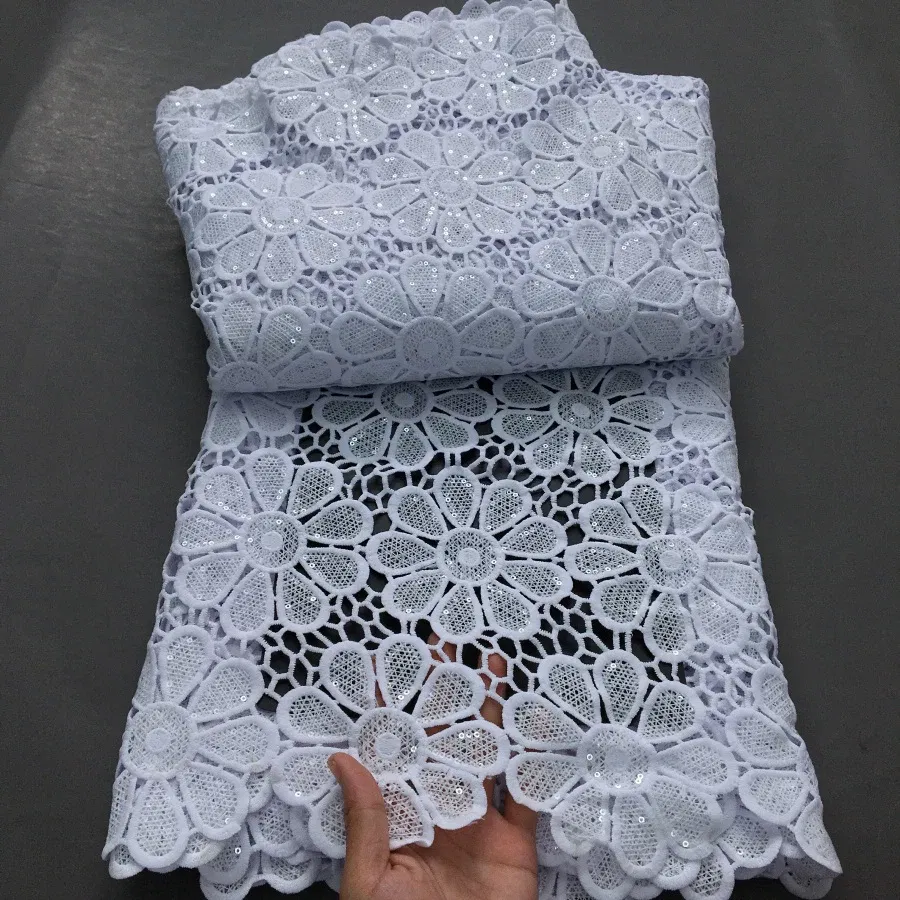 Color: Light  Blue, Length: 5 yards, Width: 120cm - Nigerian Cord Guipure Lace Fabric High Quality 5 Yard Water Soluble White African Lace Fabric 2025 Elegant Dress for Women A4197