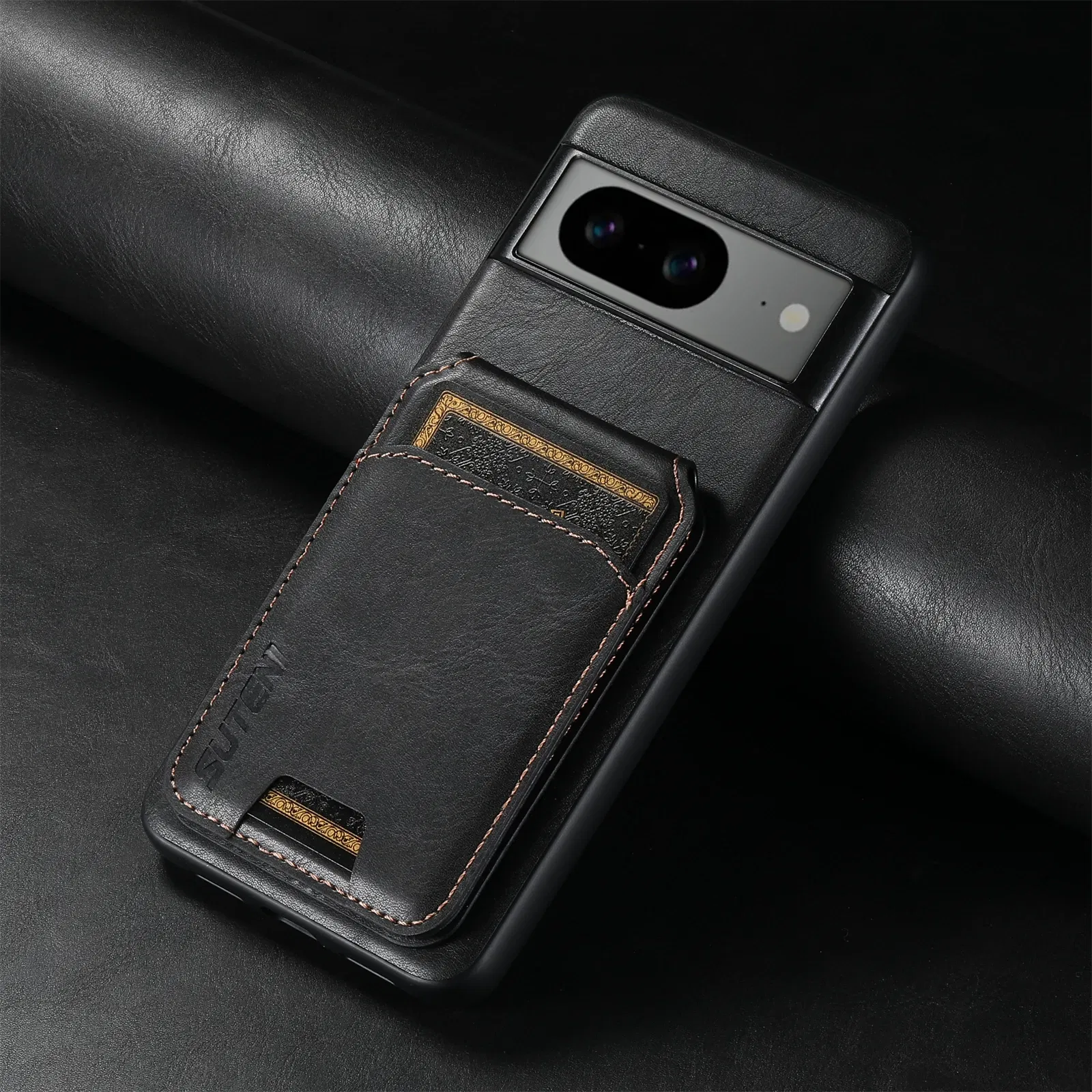 Color: black, Material: CANVAS - SUTENI Card Holder Leather Pocket Wallet Phone Case Stand For Google Pixel 8A 8Pro 7 7Pro 7A 6 6Pro 6A
