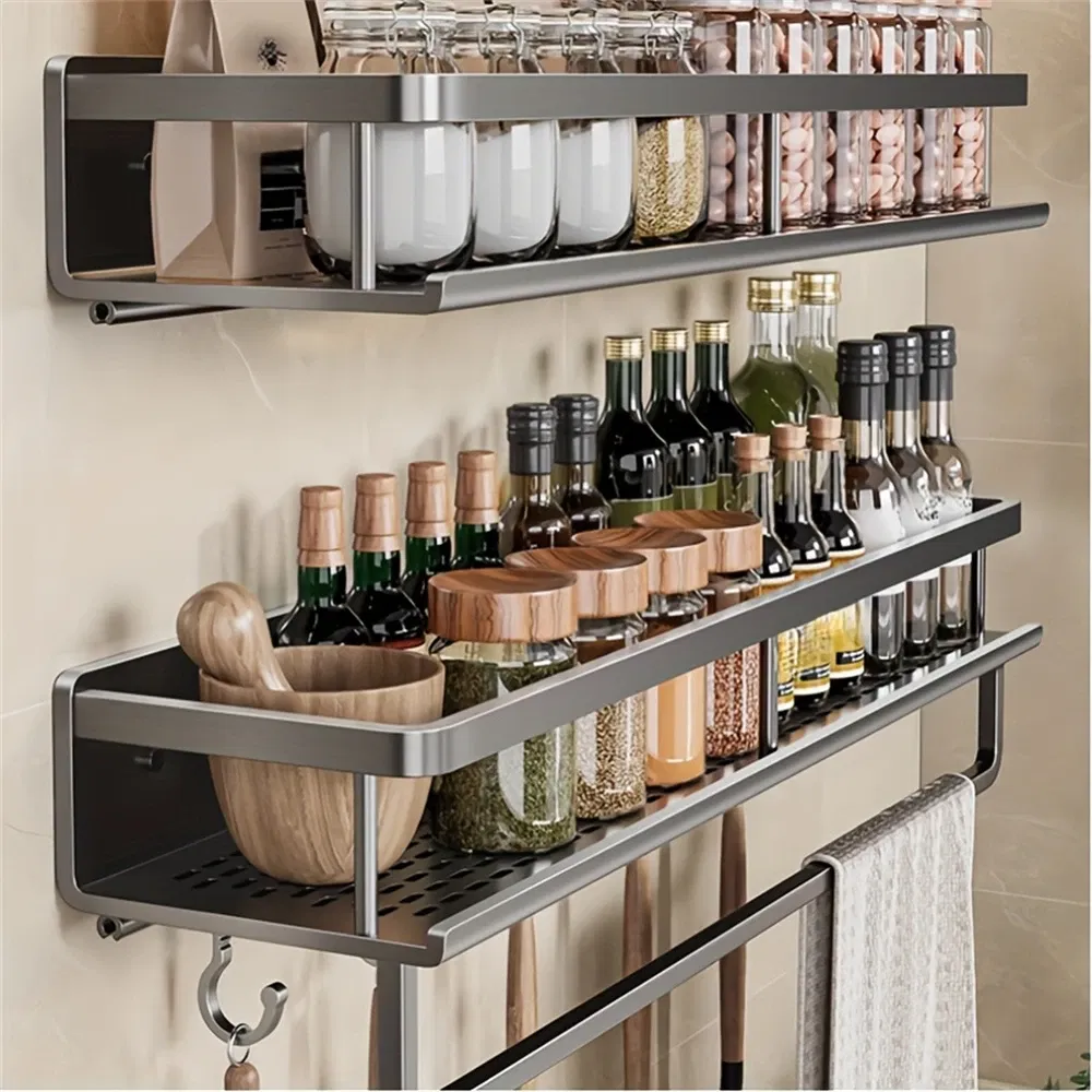 Color: Army Green - Multifunctional Kitchen and Bath Tray Wall-Mounted Aluminum Storage Rack Seasoning Bottle Storage Shelf Kitchen Storage Hooks