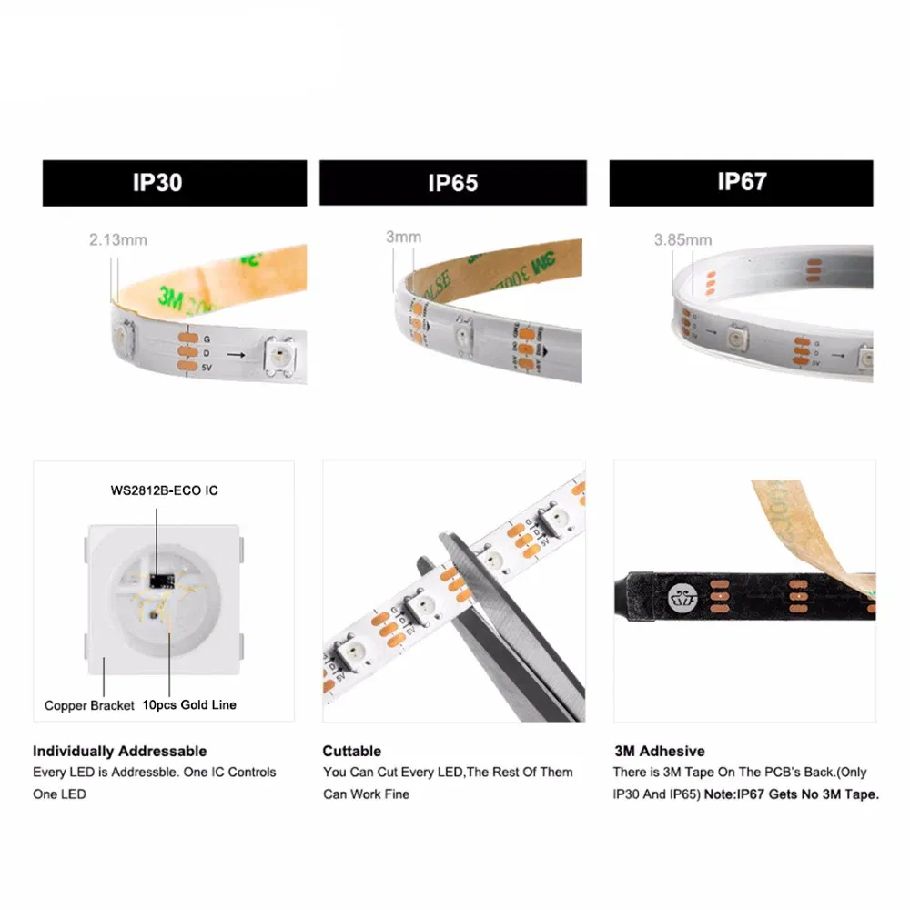 Emitting Color: Emitting Color7, Color: Dark Grey - 1m/2m/5m WS2812B ECO 30/60/100/144 pixels/leds/m TV RGB Led Strip Light WS2812 IC Individually Addressable Black/White PCB DC5V