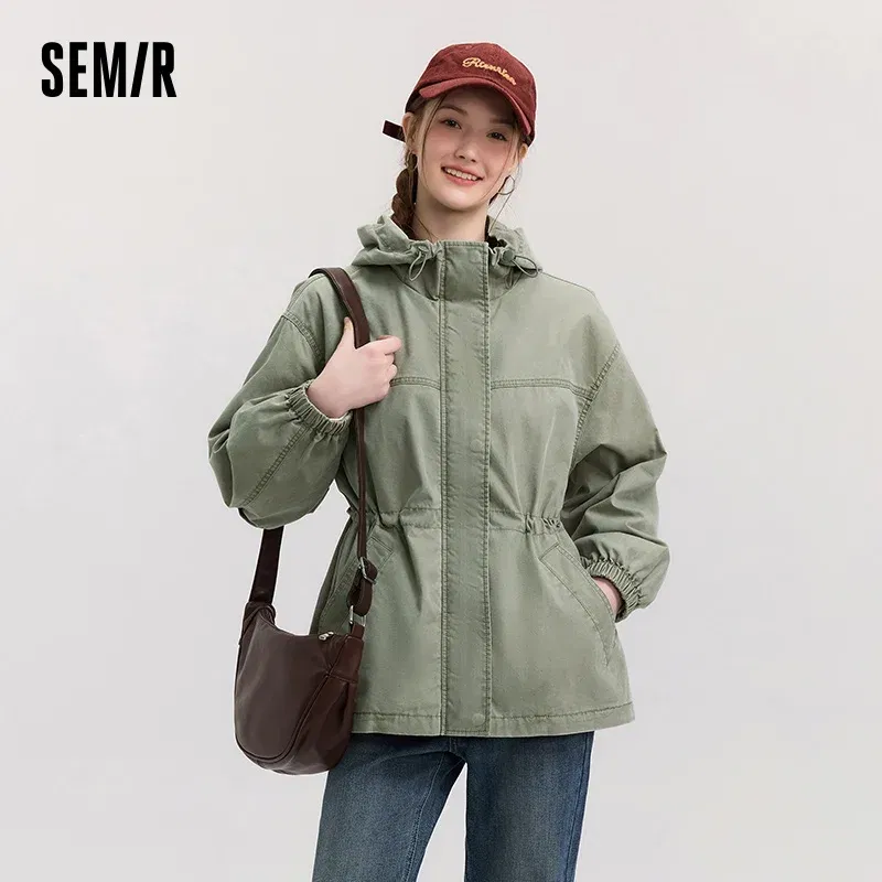 Semir Denim Jacket Women Mid-Length Loose Hooded 2025 New Spring Waist-Cinching Coat Retro Design for Fashion Outfits