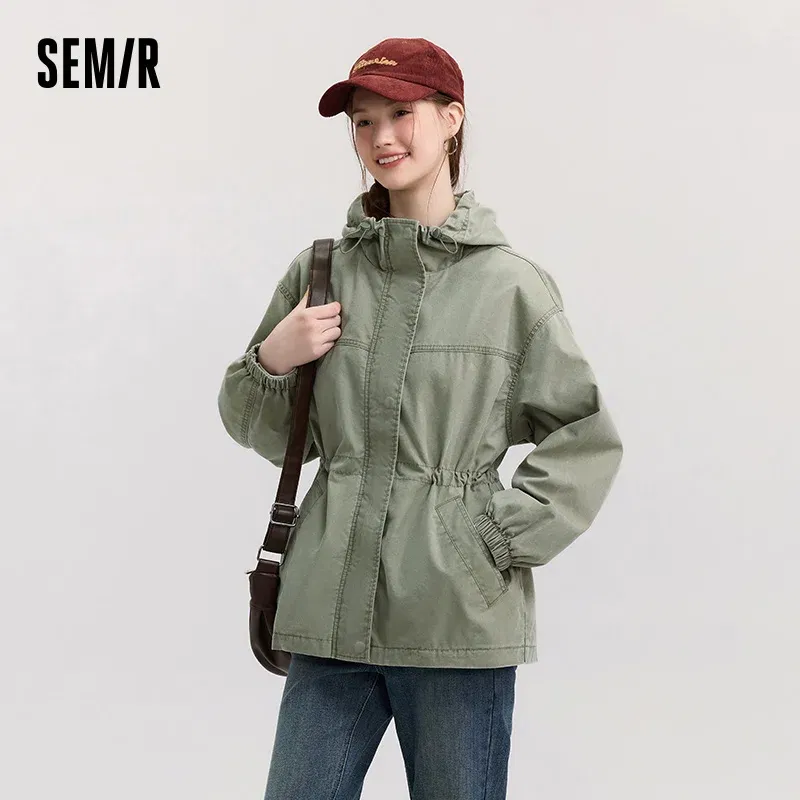 Semir Denim Jacket Women Mid-Length Loose Hooded 2025 New Spring Waist-Cinching Coat Retro Design for Fashion Outfits