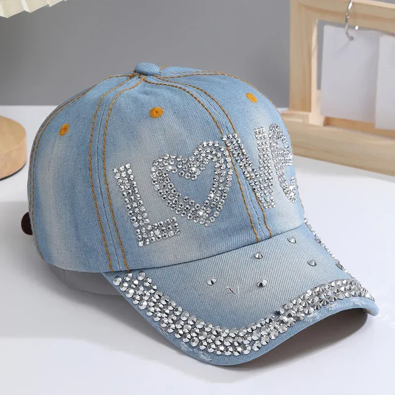 Color: Blue, Size: Adjustable - A Women?™s Sparkle Bling Rhinestone Bejeweled Cotton Denim Baseball Cap