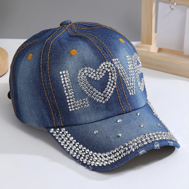 Color: Blue, Size: Adjustable - A Women?™s Sparkle Bling Rhinestone Bejeweled Cotton Denim Baseball Cap
