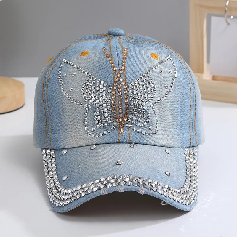 Color: Blue, Size: Adjustable - A Women?™s Sparkle Bling Rhinestone Bejeweled Cotton Denim Baseball Cap