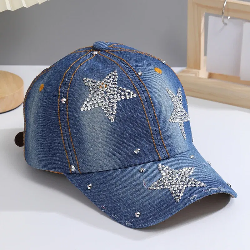 Color: Blue, Size: Adjustable - A Women?™s Sparkle Bling Rhinestone Bejeweled Cotton Denim Baseball Cap