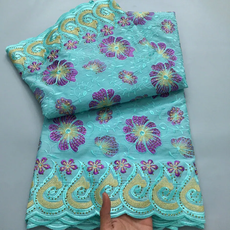 Color: Blue, length: 5 yards, Width: 120cm - Green Nigerian Embroidered Cotton Lace Fabric 2025 High Quality 5 Yards African Swiss Lace Fabric Party Dress for Women A4210