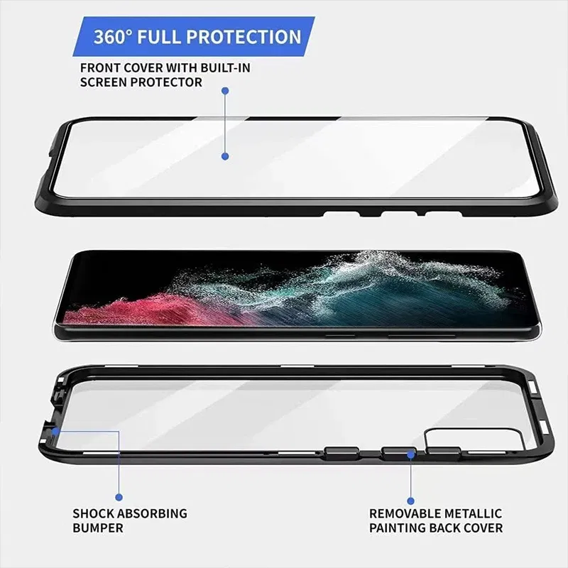 Color: Silver, Material: POLYESTER - Full Wrap Metal Bezel Case For Samsung Galaxy S23 S22 Ultra S21 S20 FE S24 Note 10 20 Lite Plus Double-Sided Glass Back Cover