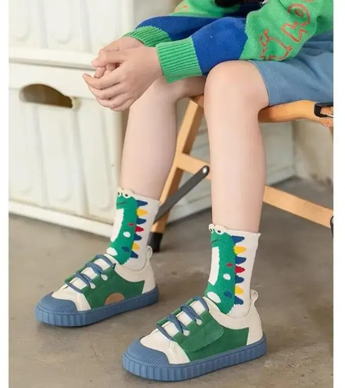Color: Beige, Size: 2-3T - Children's Socks Autumn Boys Cartoon Dinosaur Socks 1-14T Kids Cotton Socks Student Sporty Socks 5 Pairs