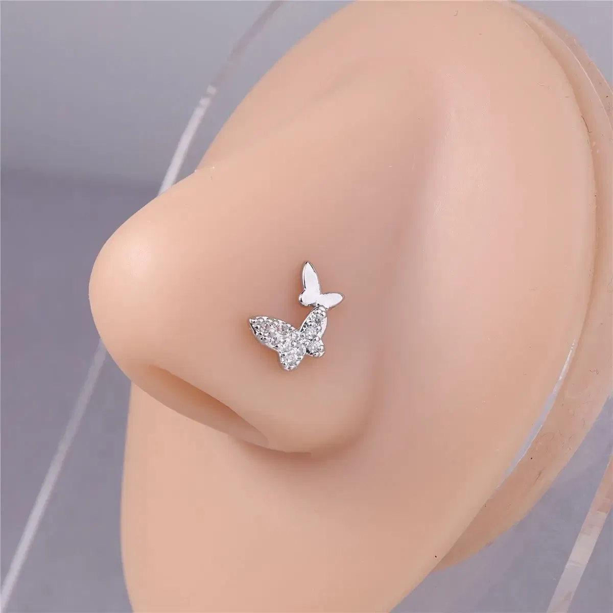 Metal color: Silver - 20G L Shaped Nose Studs CZ Cute Butterfly Design Gold Silver Color Nose Piercing for Women Girl Nostril Jewelry