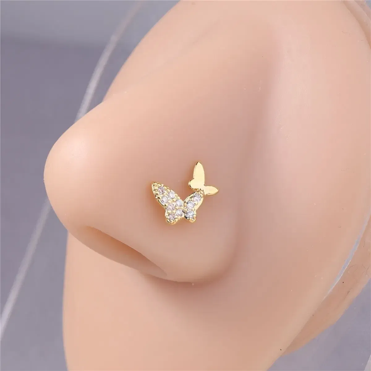 Metal color: Silver - 20G L Shaped Nose Studs CZ Cute Butterfly Design Gold Silver Color Nose Piercing for Women Girl Nostril Jewelry