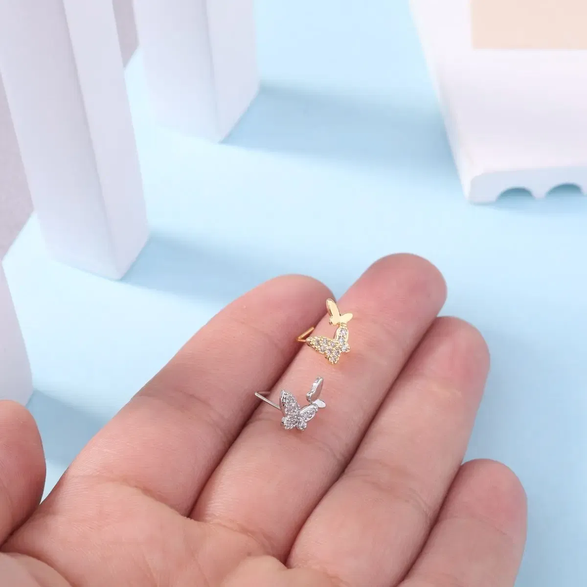 Metal color: Silver - 20G L Shaped Nose Studs CZ Cute Butterfly Design Gold Silver Color Nose Piercing for Women Girl Nostril Jewelry