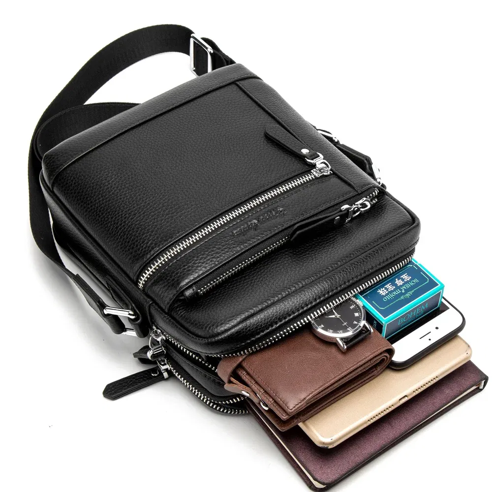 Color: GRAY, Ships From: CN - BISON DENIM Classic Black Male Bag Genuine Leather Business Crossbody Bag iPad Mens Messenger Bag Casual bolsas male N2845