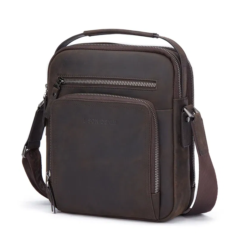 Color: GRAY, Ships From: CN - BISON DENIM Classic Black Male Bag Genuine Leather Business Crossbody Bag iPad Mens Messenger Bag Casual bolsas male N2845