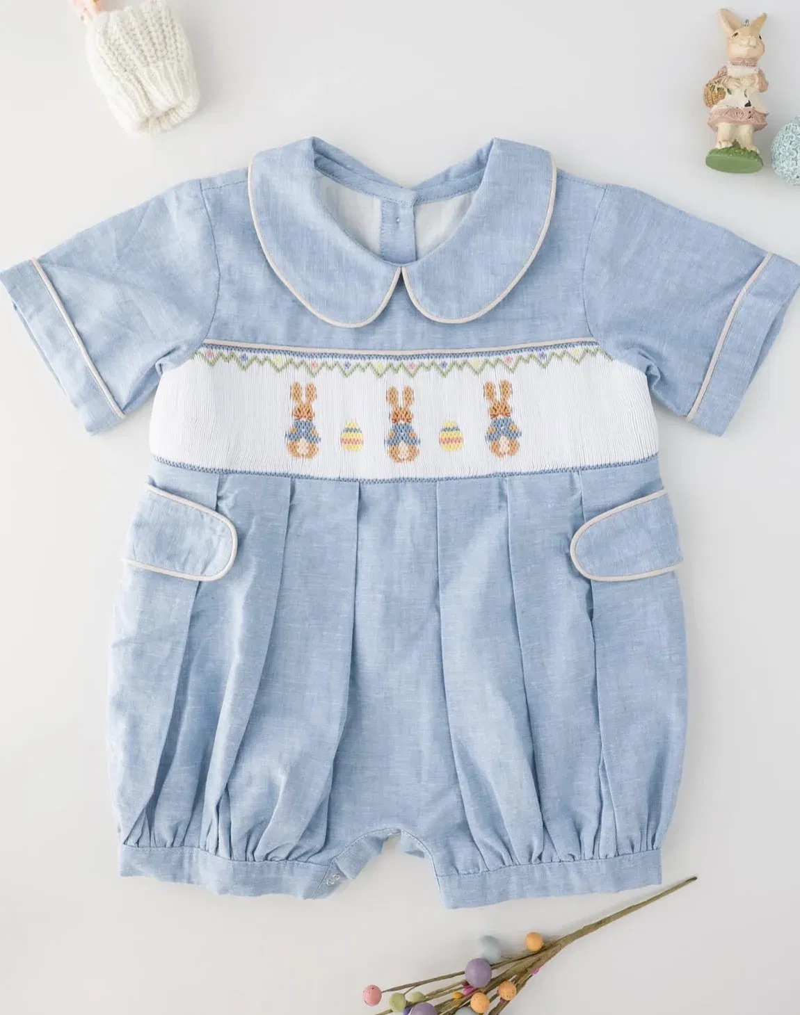 Kid Size: 6M - 0-6Y Baby Boy Summer Rabbits Handmade Embroidery Smocked Blue Rompers for Birthday Phototgraphy Party Holiday Eid Casual A5