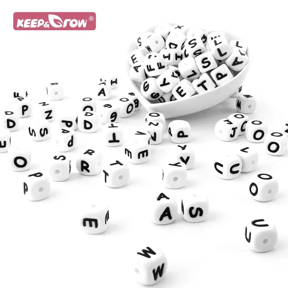 Color: light yellow - 100Pcs Baby Teether 12mm Silicone Letters Beads Pacifier Clip Chain Personalized Name Letter Beads Teething Nursing Toy BPA Free